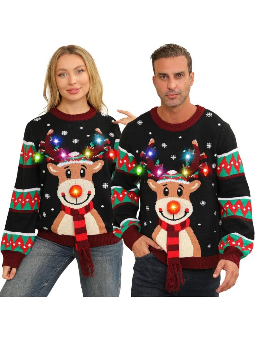 Light Up Ugly Christmas Sweater for Couples, Funny Reindeer LED Xmas Sweater